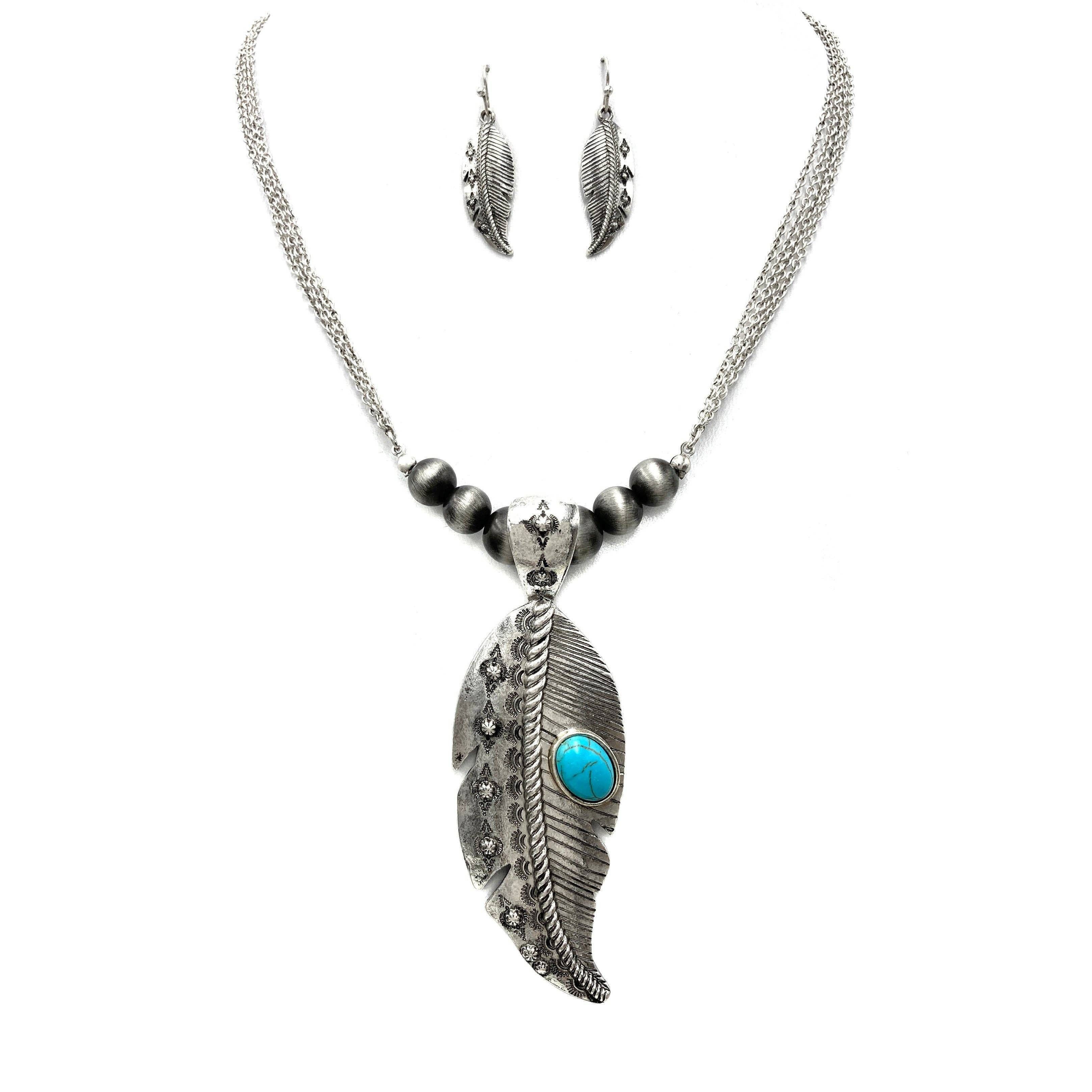 Other Large Feather Pendant Western Necklace and Earrings Set Size ONE SIZE - 5 Thumbnail