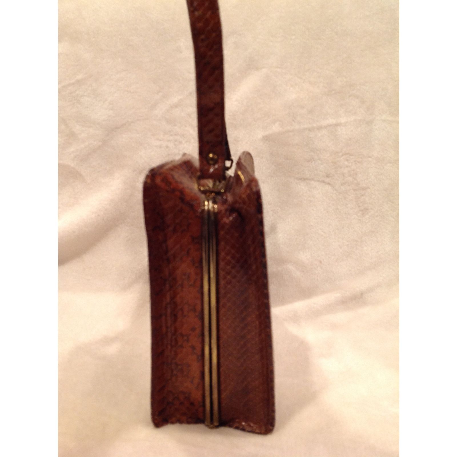 Vintage Vintage Brown Snake Print Handbag Gold Accents Top Handle Size ONE SIZE - 5 Thumbnail