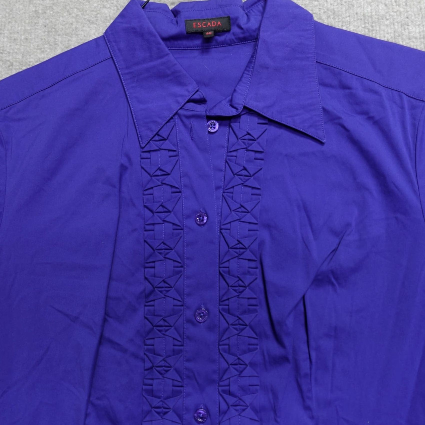 Escada Escada Shirt Womens Medium Blue Tuxedo Ruffles 3/4 Sleeve Cotton Blend Button-Up Size M / US 6-8 / IT 42-44 - 2 Thumbnail