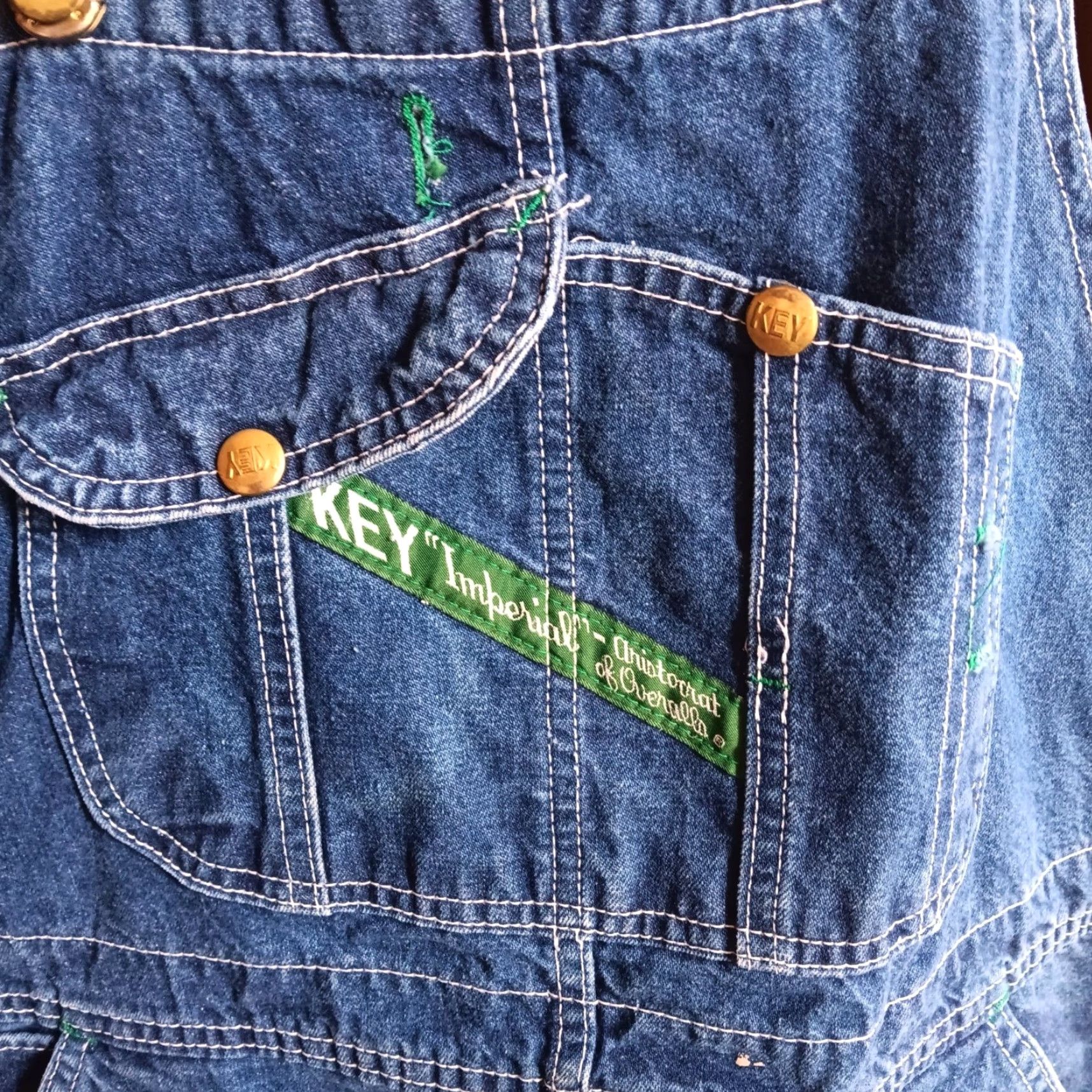 VINTAGE Key Denim Overalls 38x30 Jeans Work Mens 5-Pocket Blue Cotton USA Repaired Patch Stitches 1980s