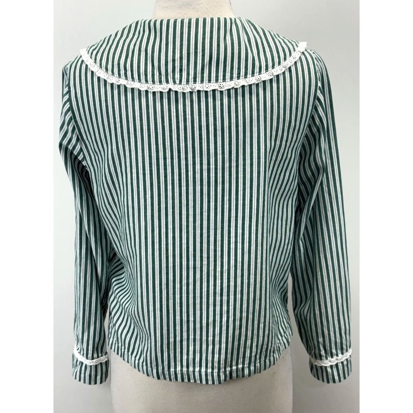 Vintage Rachel Ashwell Pajama Set Women’s S Green Stripe Eyelet Trim Cottage Core 2 Pc Threaded Cotton Shirt Button Collared Long Sleeve Adults Womens Size ONE SIZE - 4 Thumbnail