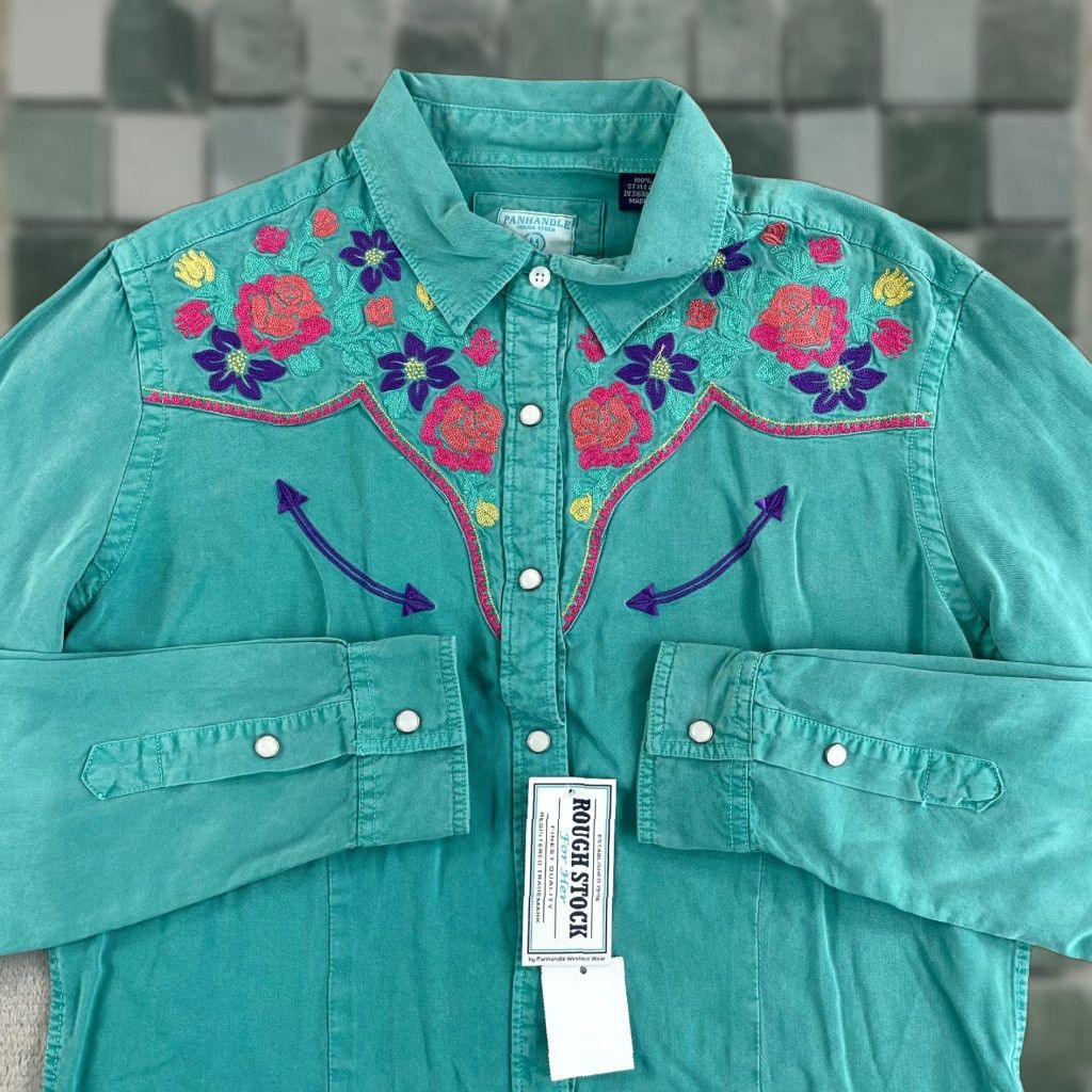Vintage Panhandle Slim Panhandle Rough Stock Cowboy Shirt Women M Light Turquoise Pearl Snap NWT Size M / US 6-8 / IT 42-44 - 1 Thumbnail