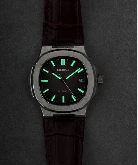 Japanese Brand Seiko Mod Nautilus Brown Dial Steel Watch Leather Strap 41mm Size ONE SIZE - 5 Thumbnail
