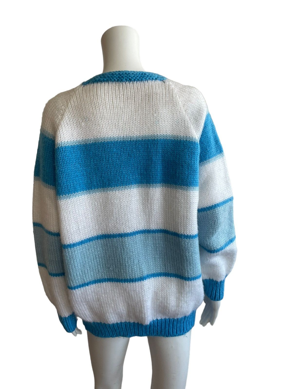 Vintage Vintage 70s / 80s Oversize Knitted Cardigan Blue White Size L / US 10 / IT 46 - 4 Thumbnail