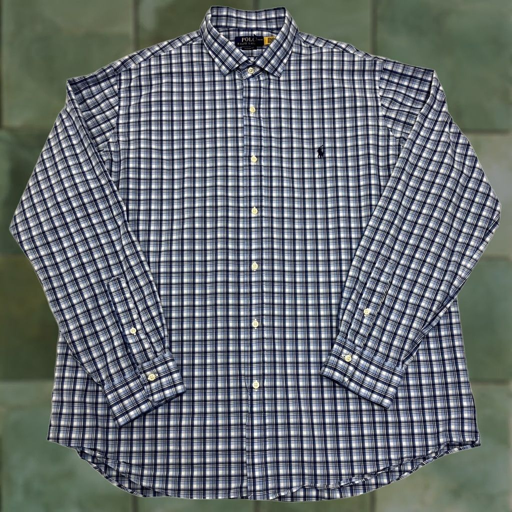 Polo Ralph Lauren Shirt Mens 2XL Classic Fit Blue Check Long Sleeve Pony Logo, Men's (Size Xxl)