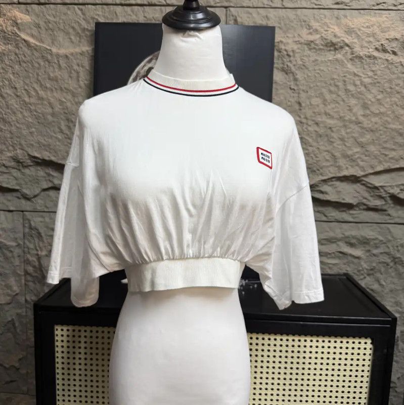 Miu Miu White Cotton Cropped T-Shirt 0089