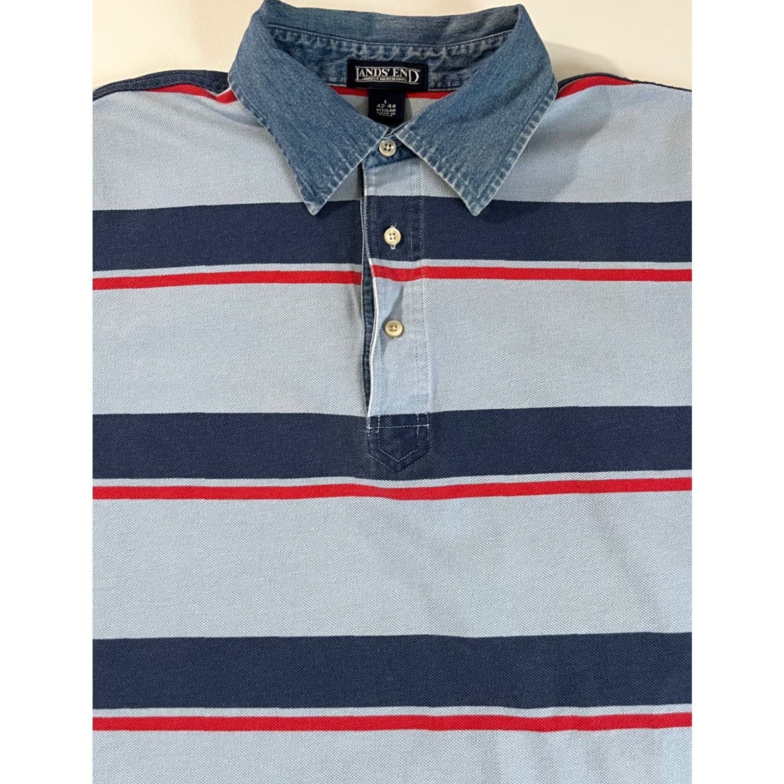 Lands' End Lands' End Polo Shirt Striped Denim Collar Sz L Men’s Short Sleeve Cotton Multicolor Polo Mens Size US L / EU 52-54 / 3 - 3 Thumbnail
