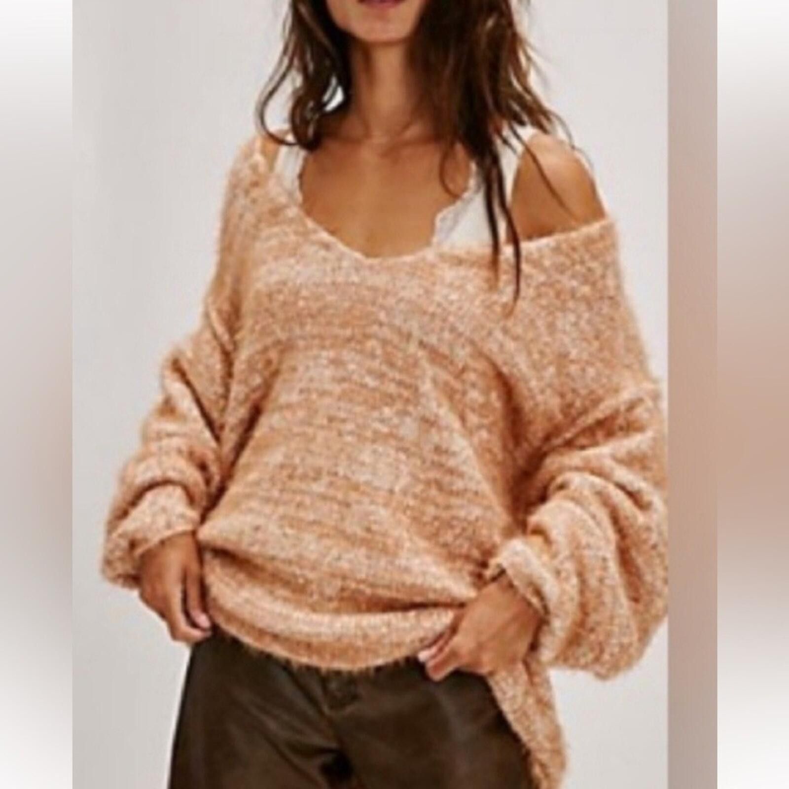 Free People Free People Peach Camel Sparrow Pullover V-Neck Sweater XL Size XL / US 12-14 / IT 48-50 - 1 Thumbnail