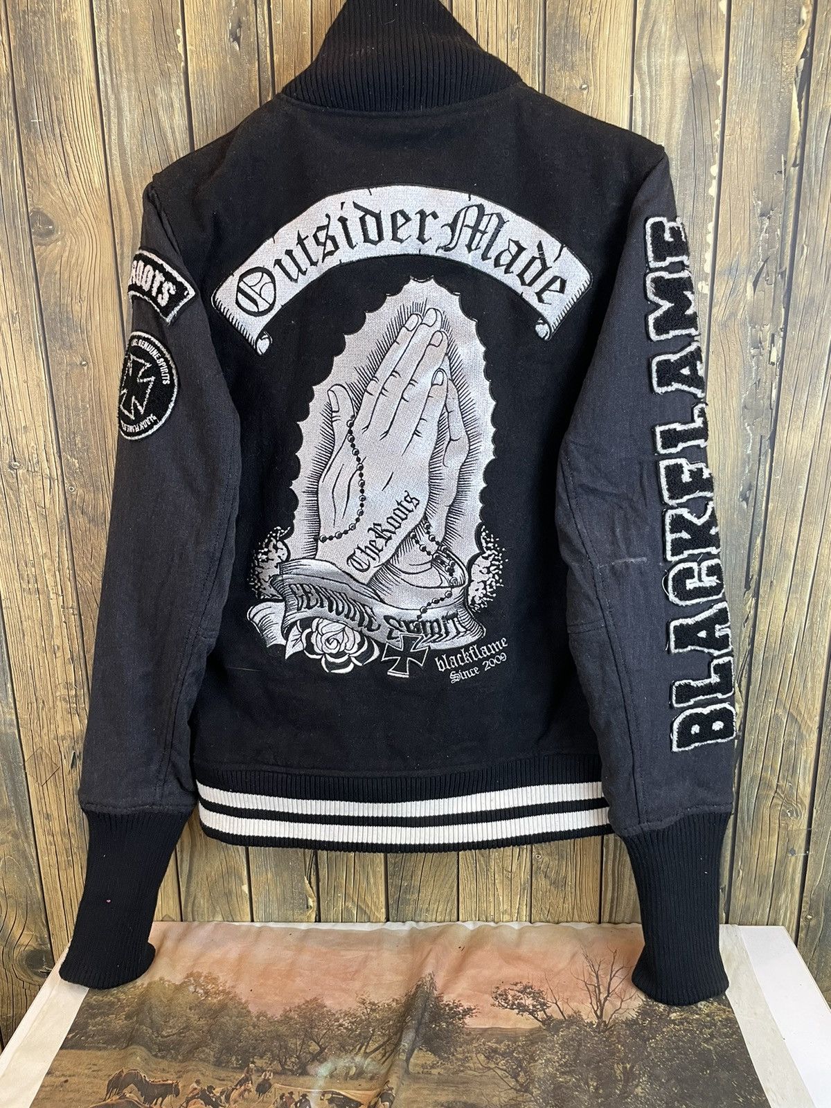 Vintage Black flame embroidery cross Varsity Jacket Size US S / EU 44-46 / 1 - 1 Thumbnail
