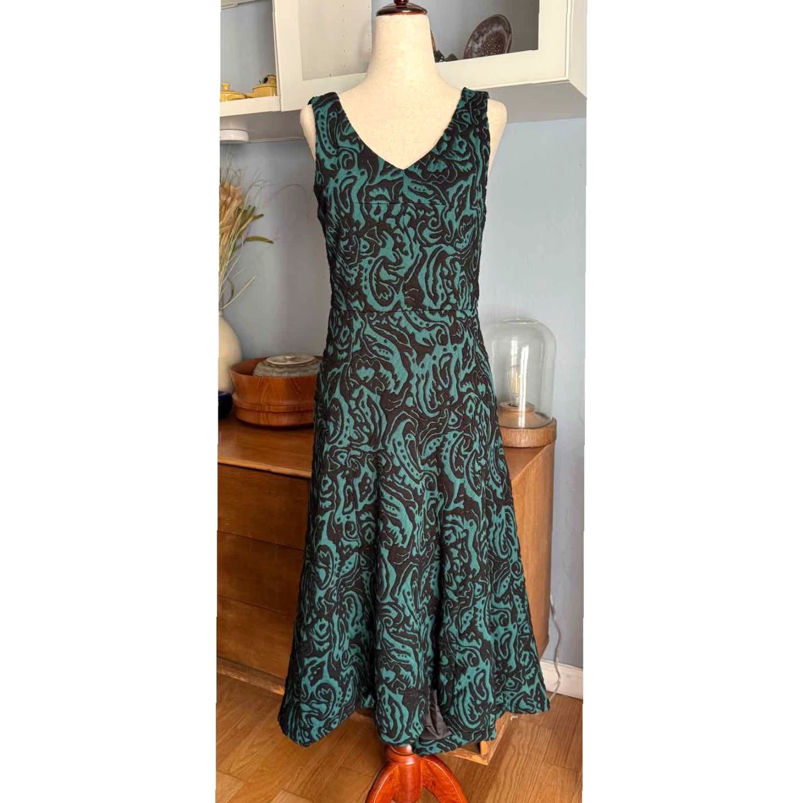 Vintage Catherine Malandrino Dress Jacquard Hi-Low Hem Midi Sleeveless V-Neck Zip Black Green Sz 2 Womens Size XS / US 0-2 / IT 36-38 - 2 Thumbnail