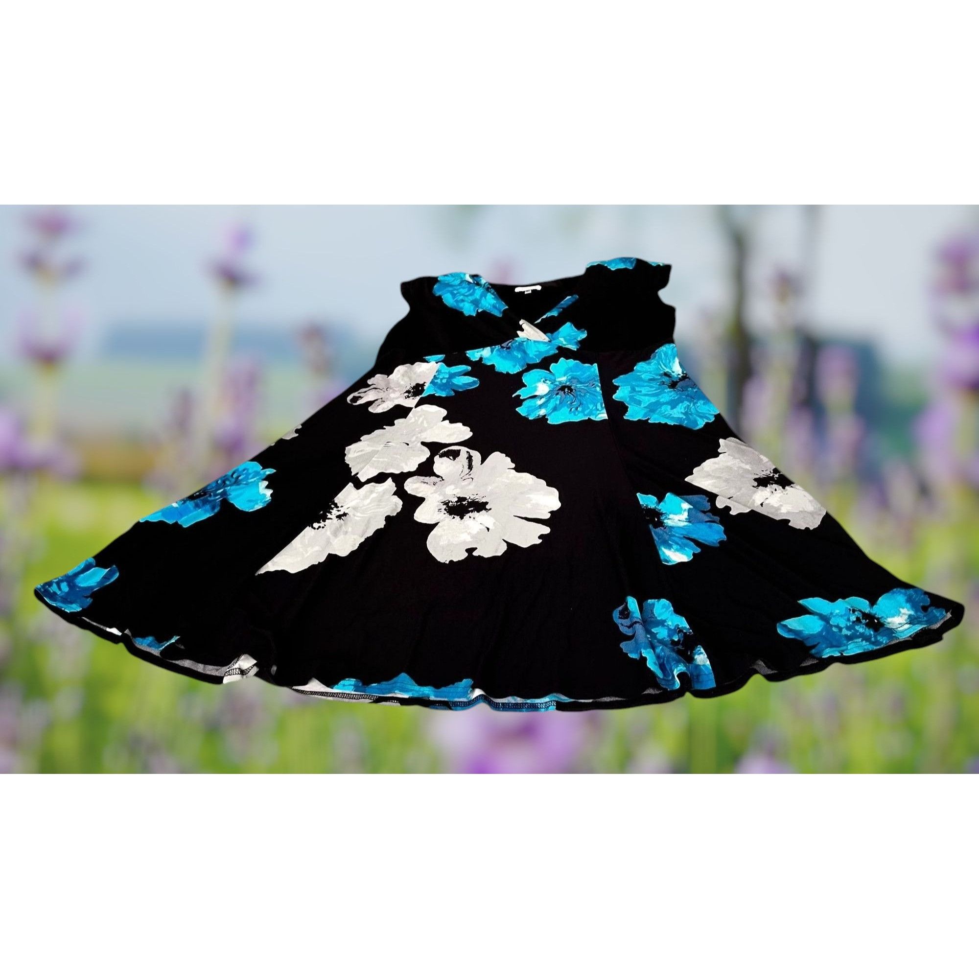 Vintage VTG Jones Studio Woman Blue Floral Dress 20W Black Sleeveles Size 3XL / US 20-22 - 2 Thumbnail