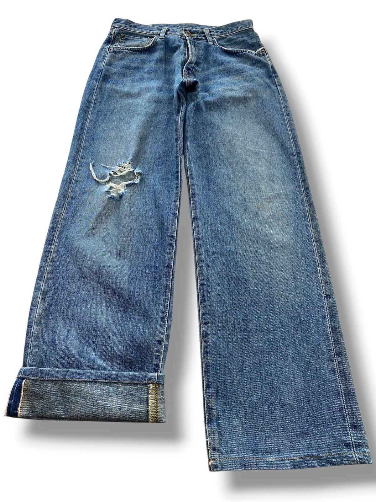 Edwin Edwin 505 Blue Wash Ripped Style Straight Leg Jeans Size US 30 / EU 46 - 1 Thumbnail