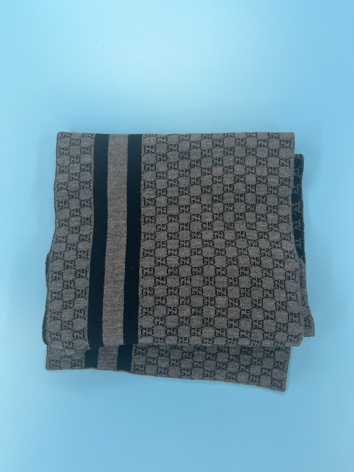 Gucci Grey/Black GG Monogram Web Stripe Wool Scarf