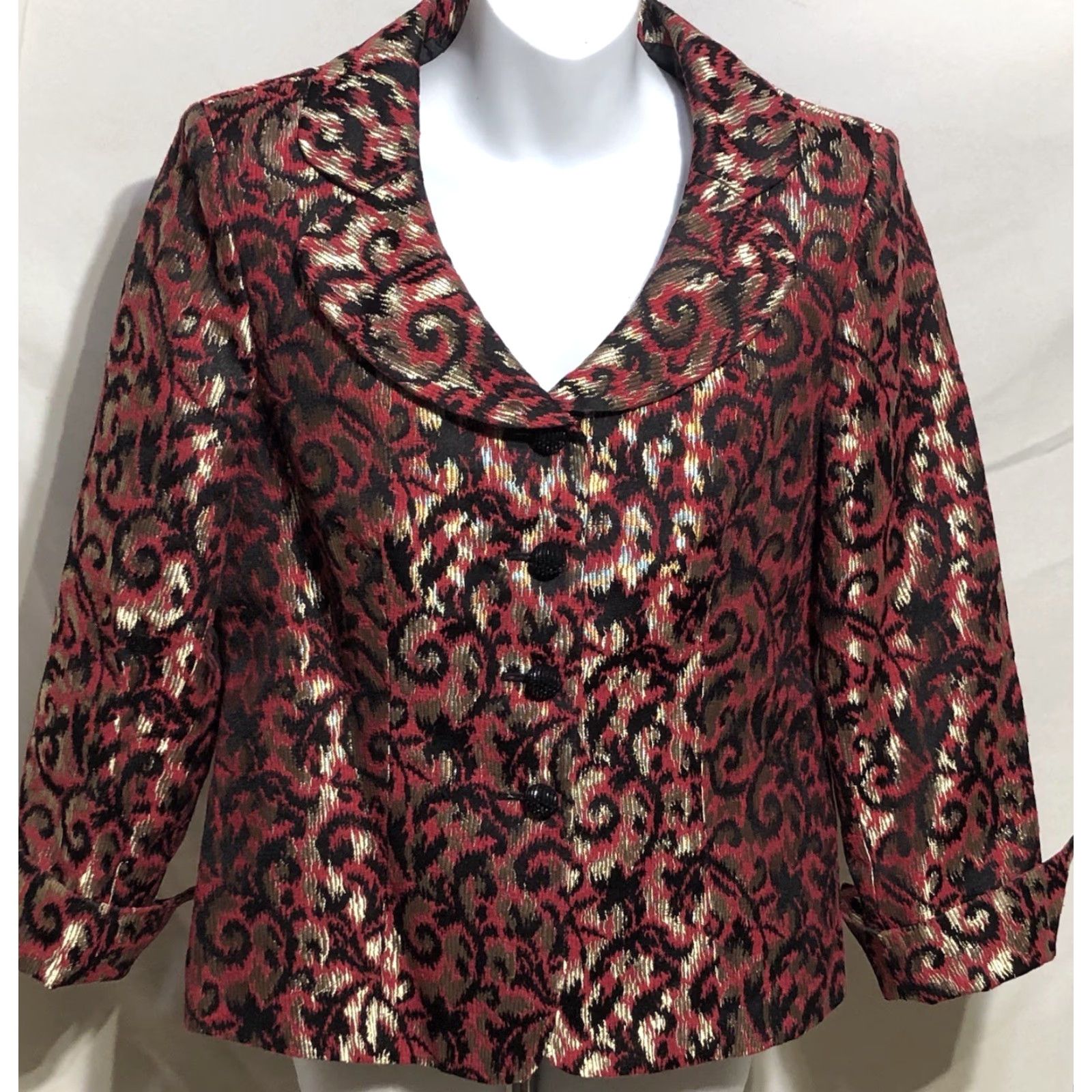 Kasper Kasper Brocade Jacket Blazer 12P Red Geometric Cropped Four-Button Jewel Button Size XL / US 12-14 / IT 48-50 - 6 Thumbnail
