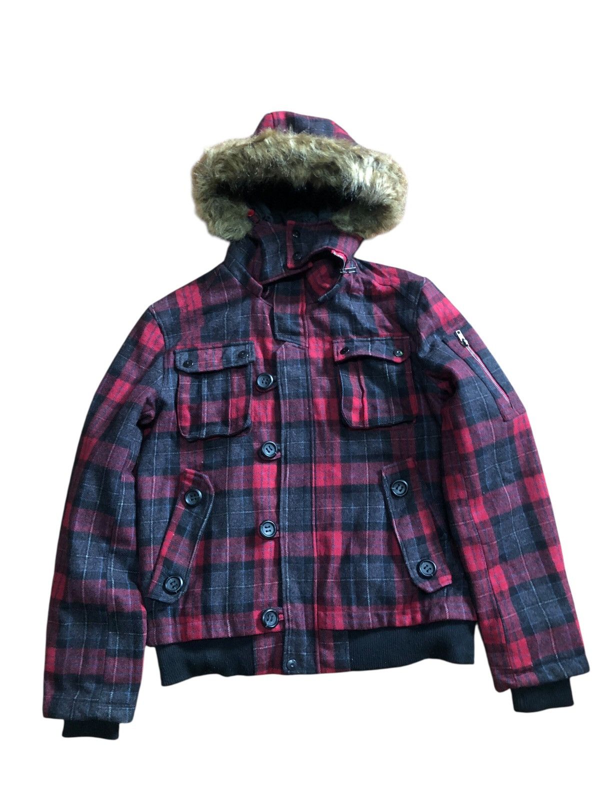Japanese Brand Suggestion Check Tartan faux Fur Hooded Punk Rock Jacket Size US M / EU 48-50 / 2 - 1 Thumbnail