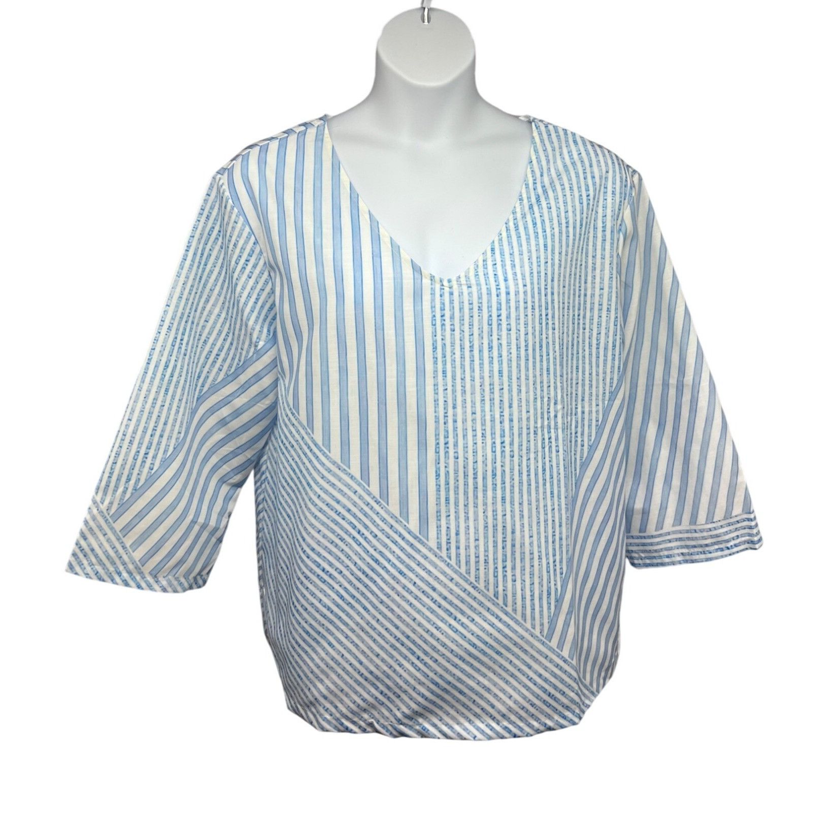 Designer Womens Blue White Striped Pullover V-Neck Boho Shirt Top XL Size XL / US 12-14 / IT 48-50 - 1 Thumbnail