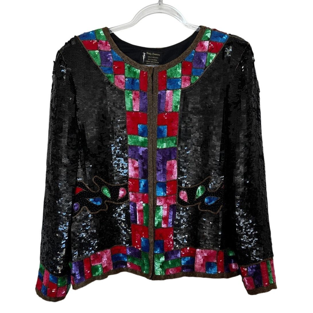 Vintage 1980s Pinky Creations Silk Sequin Jacket Black Medium Size M / US 6-8 / IT 42-44 - 1 Thumbnail