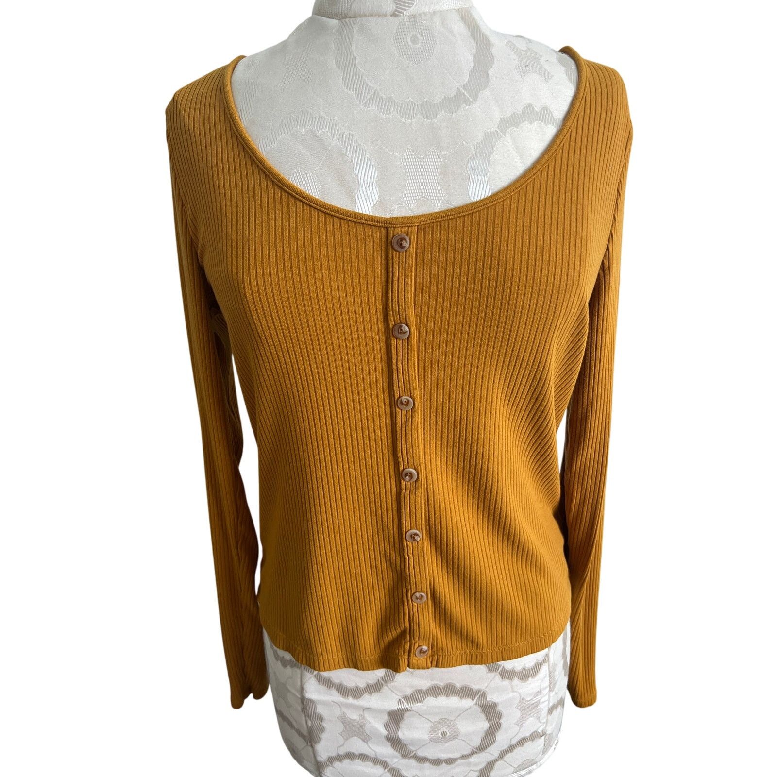 H&M H & M Junior's Ribbed Mustard Button Up Sweater Large Size L / US 10 / IT 46 - 1 Thumbnail