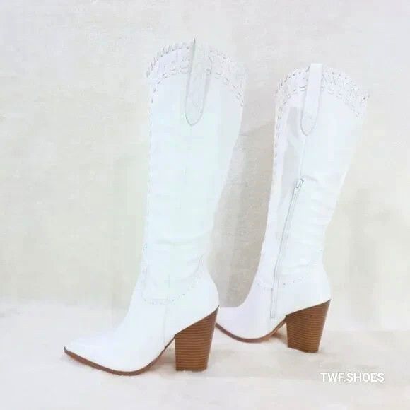 Other White Matte Western Knee High Cowgirl Boots Weave Design Size US 9 / IT 39 - 6 Thumbnail