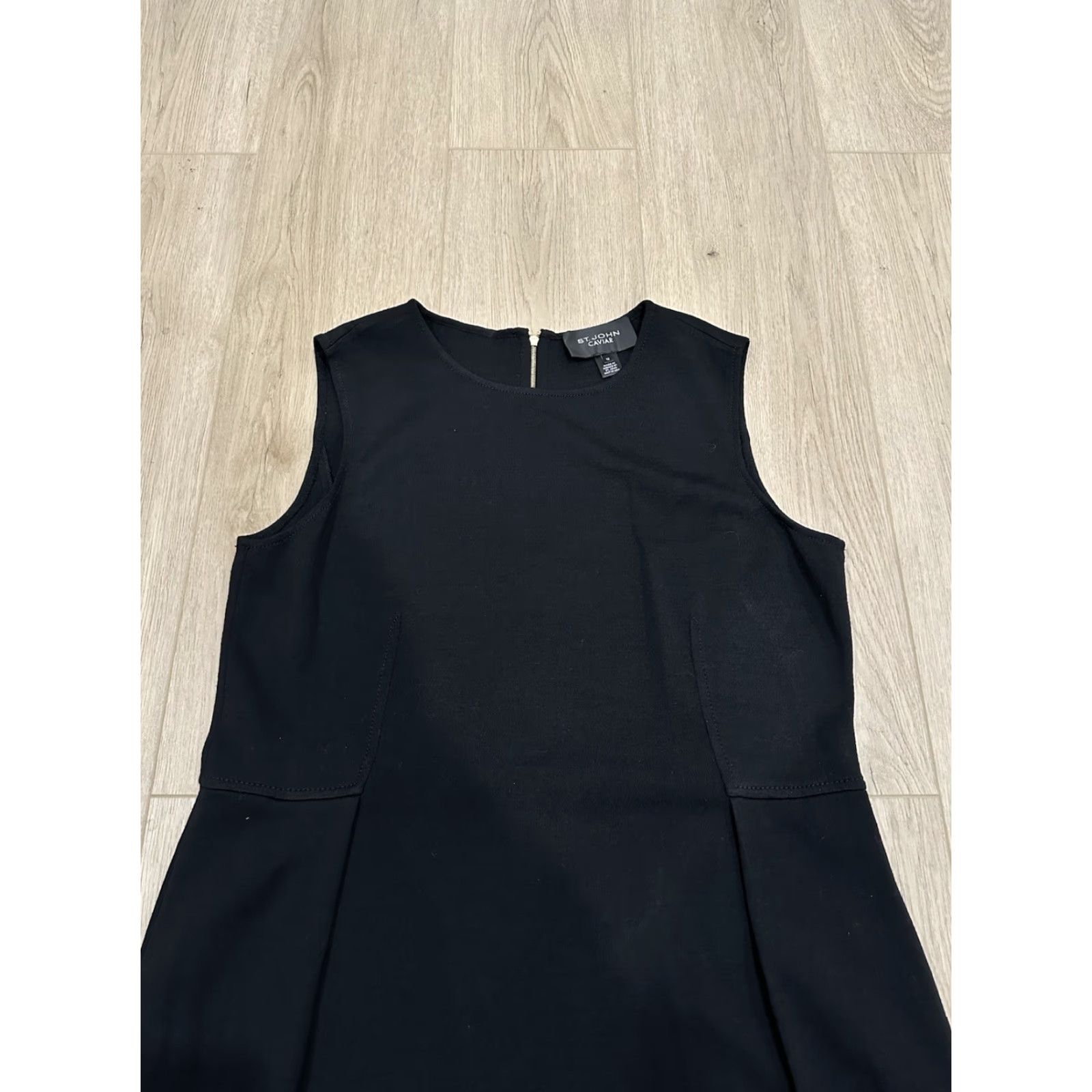 St. John ST. JOHN CAVIAR Exposed Back Zipper Sleeveless Black Midi Shift Dress Pockets 12 Size XL / US 12-14 / IT 48-50 - 3 Thumbnail