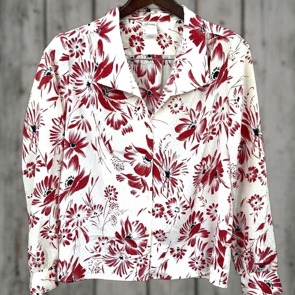 Vintage VINTAGE Pykettes Blouse Womens 10 Floral Button Front Ivory Polyester Balloon Sleeve 70s Womens Blouse Size L / US 10 / IT 46 - 1 Thumbnail
