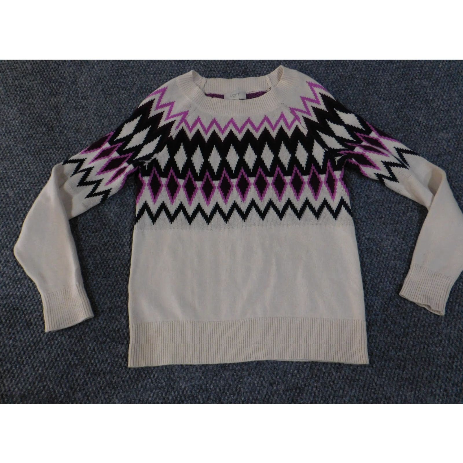 Loft LOFT Sweater Womens XS Cream Purple Black Geometric Knit Pullover Brushed Knit Crew Neck Pullover Casual Regular Size XS Womens Size XS / US 0-2 / IT 36-38 - 4 Thumbnail
