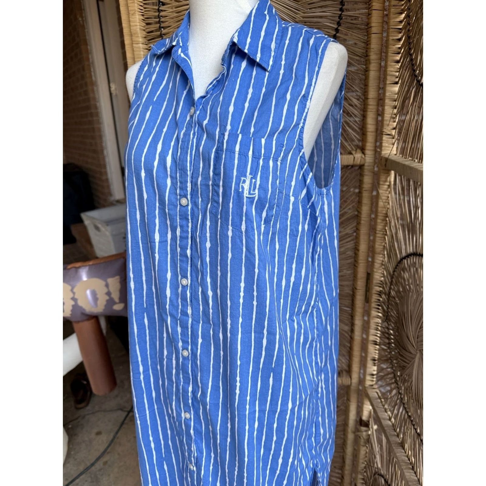 Ralph Lauren VINTAGE? (No) Lauren Ralph Lauren Sleeveless Dress White Blue Stripe Viscose M Woman Knee Length A-Line Size M / US 6-8 / IT 42-44 - 4 Thumbnail