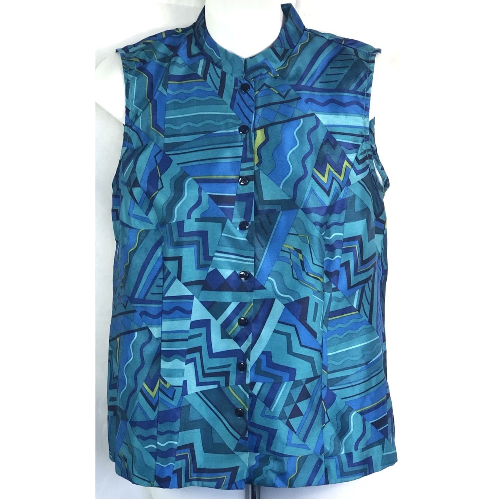 Vintage Sag Harbor Blouse Shirt Teal Blue Band Mandarin Collar Button Front 8P Petite Womens Sleeveless Geometric Pattern Size M / US 6-8 / IT 42-44 - 5 Thumbnail