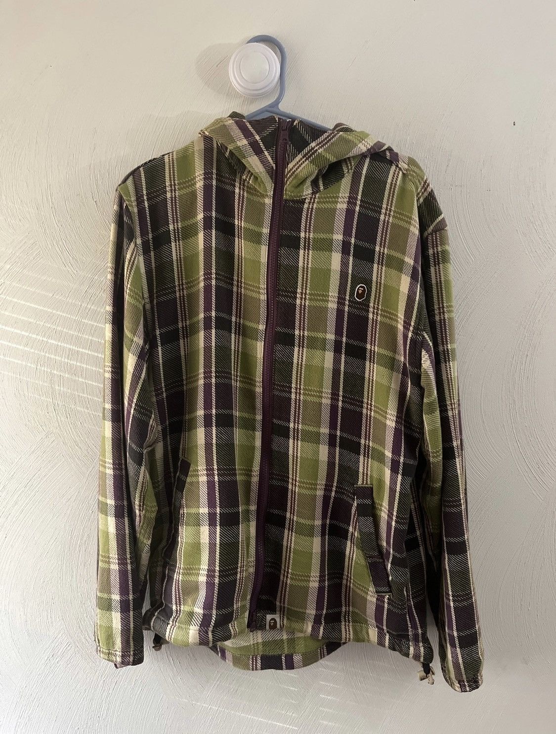 image of Bape Check Hoodie Jacket in Green, Men's (Size Large)
