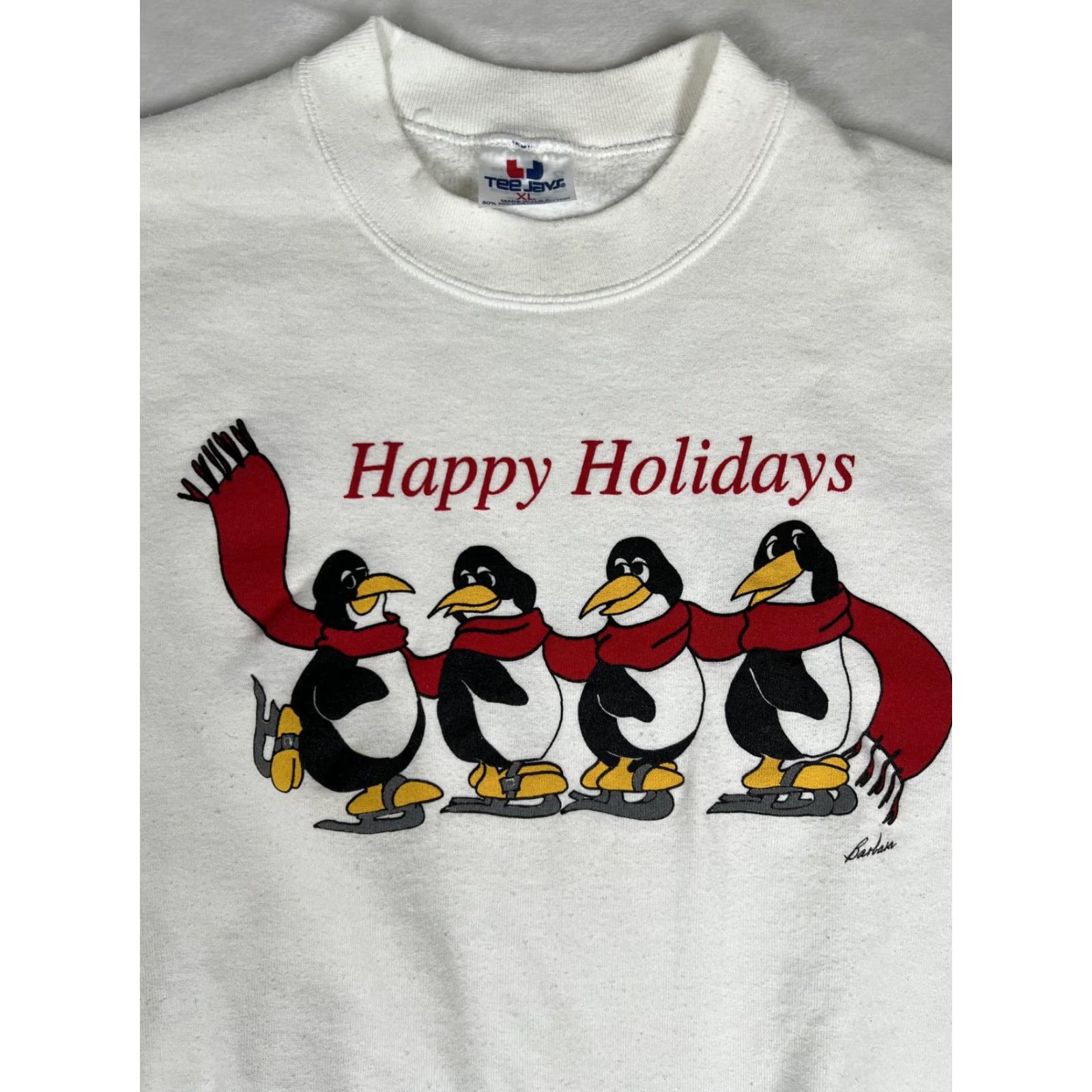 TEE JAYS VINTAGE Tee Jays Sweatshirt White Graphic Print Penguin Happy Holidays Mens XL Christmas 80s Size US XL / EU 56 / 4 - 2 Thumbnail