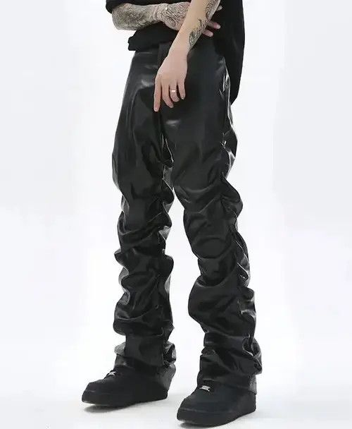 Jean Loose Ruched Casual Pu Leather Pants Streetwear Punk Rock Size US 30 / EU 46 - 3 Thumbnail