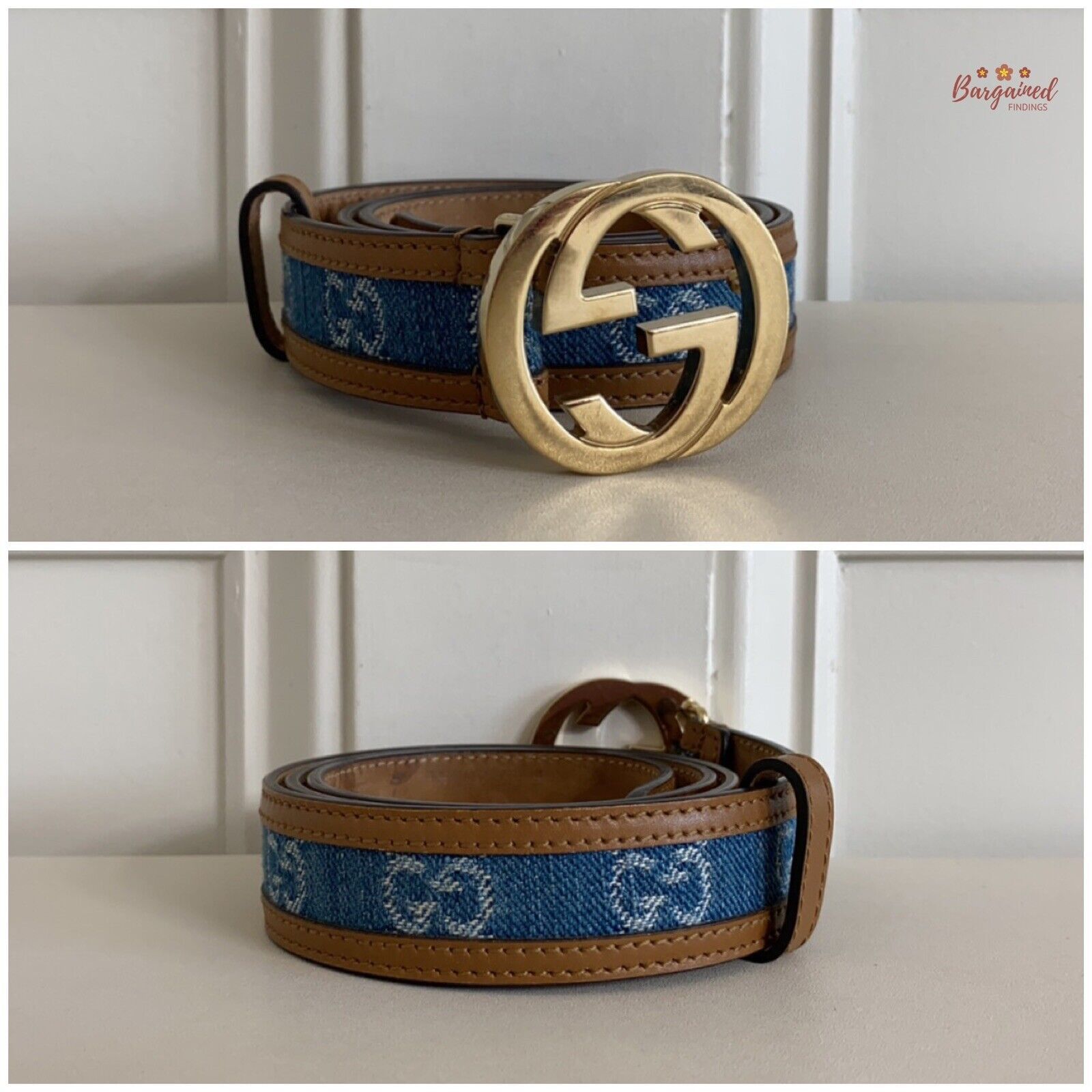Gucci Gucci Blue GG Denim Leather Gold Interlocking G Buckle Belt Size 28 - 10 Thumbnail