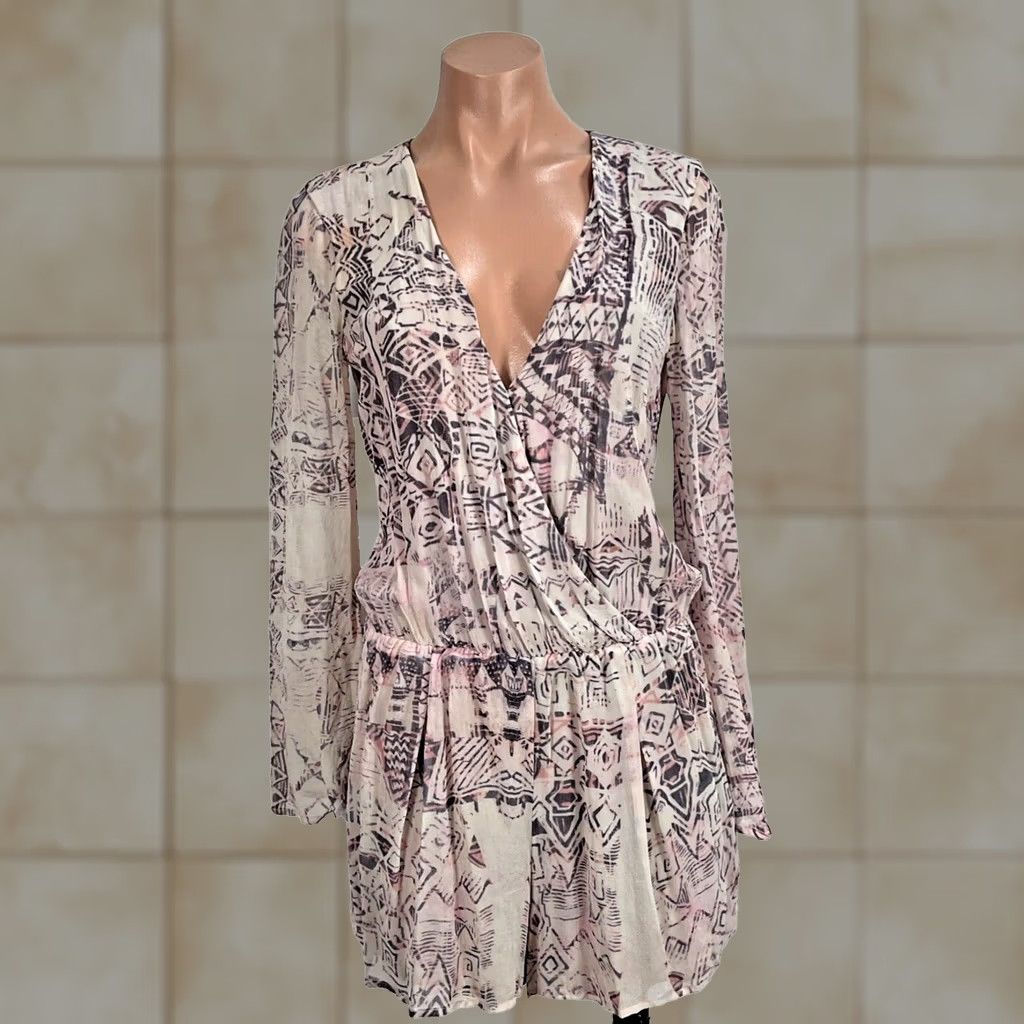 Bell Rory Beca Womens Romper Jumpsuit 0 Pink 100% Silk Geometric V-Neck 3/4 Bell Sleeve One-Piece Size 25" / US 0 / IT 36 - 1 Thumbnail