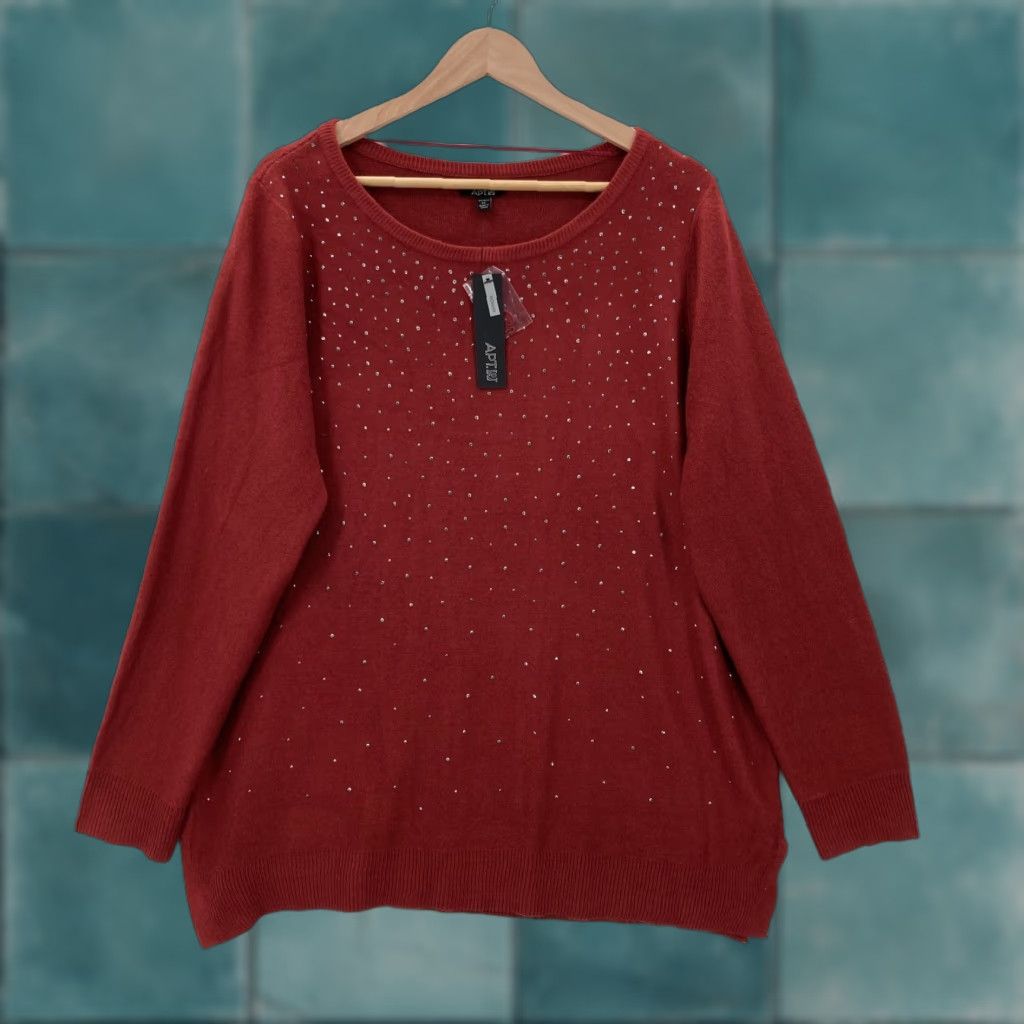 Apt. 9 Apt. 9 Sweater Womens 1X Red Rhinestone Embellished Scoop Neck Pullover Sparkle Size XL / US 12-14 / IT 48-50 - 1 Thumbnail