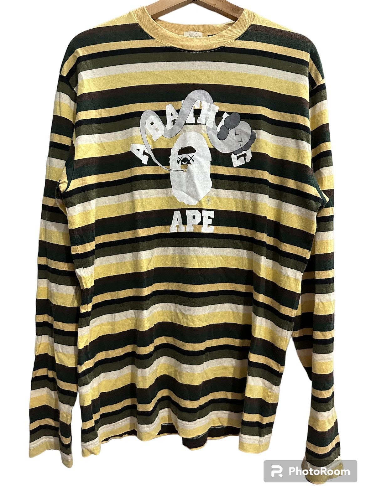 image of Bape x Kaws College Striped Long Sleeve Tee in Yellow, Men's (Size Large)