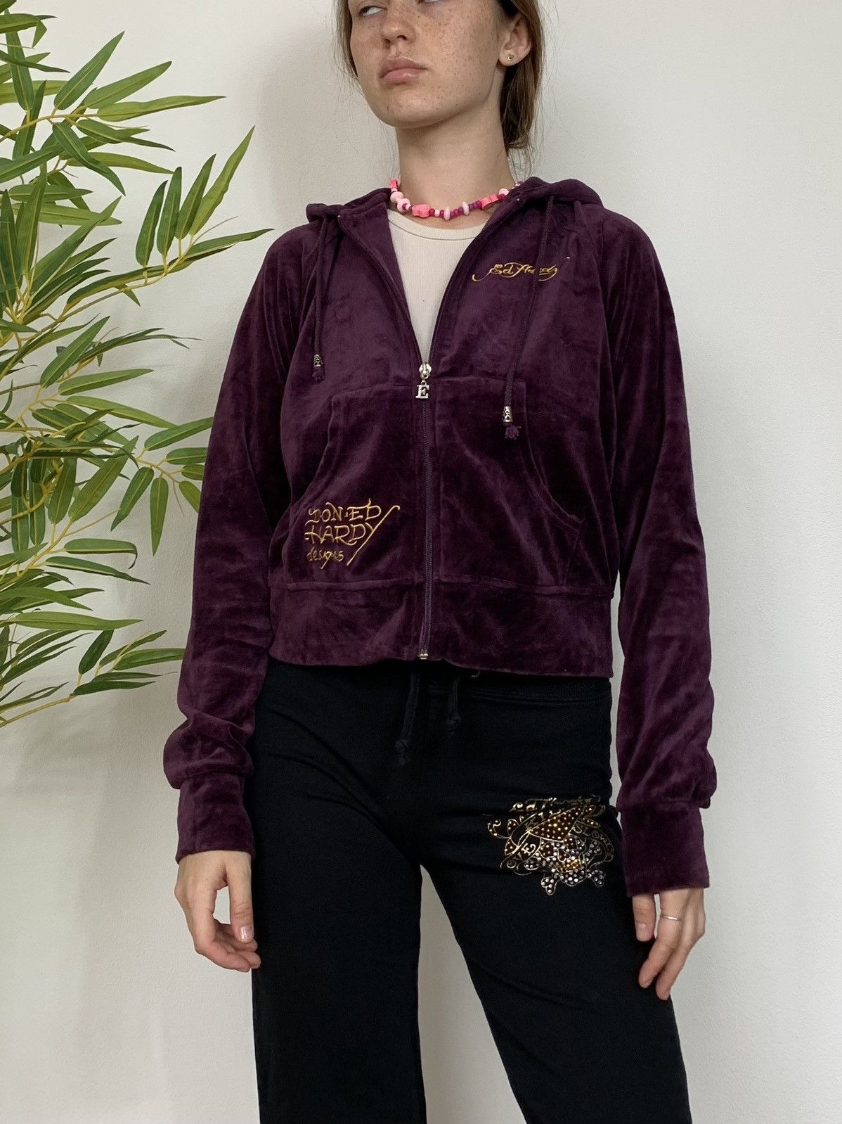 Ed Hardy VINTAGE VELOUR ED HARDY 2000s CROPPED ZIP UP HOODIE Size S / US 4 / IT 40 - 10 Thumbnail