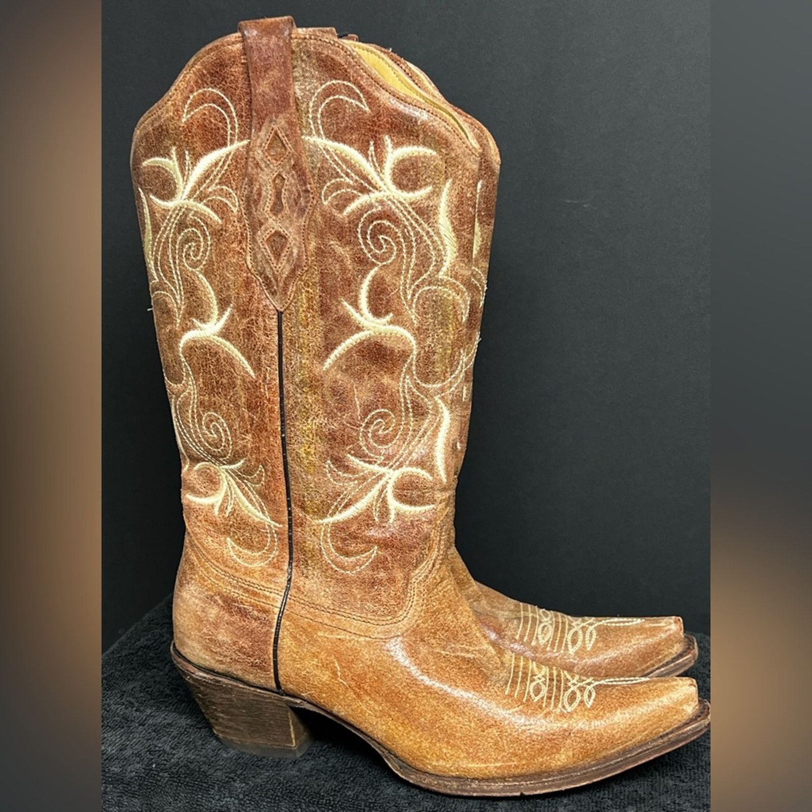 Corral Corral® Tan Cognac Embroidered Square Toe Cowboy Boots Size US 10 / IT 40 - 2 Thumbnail