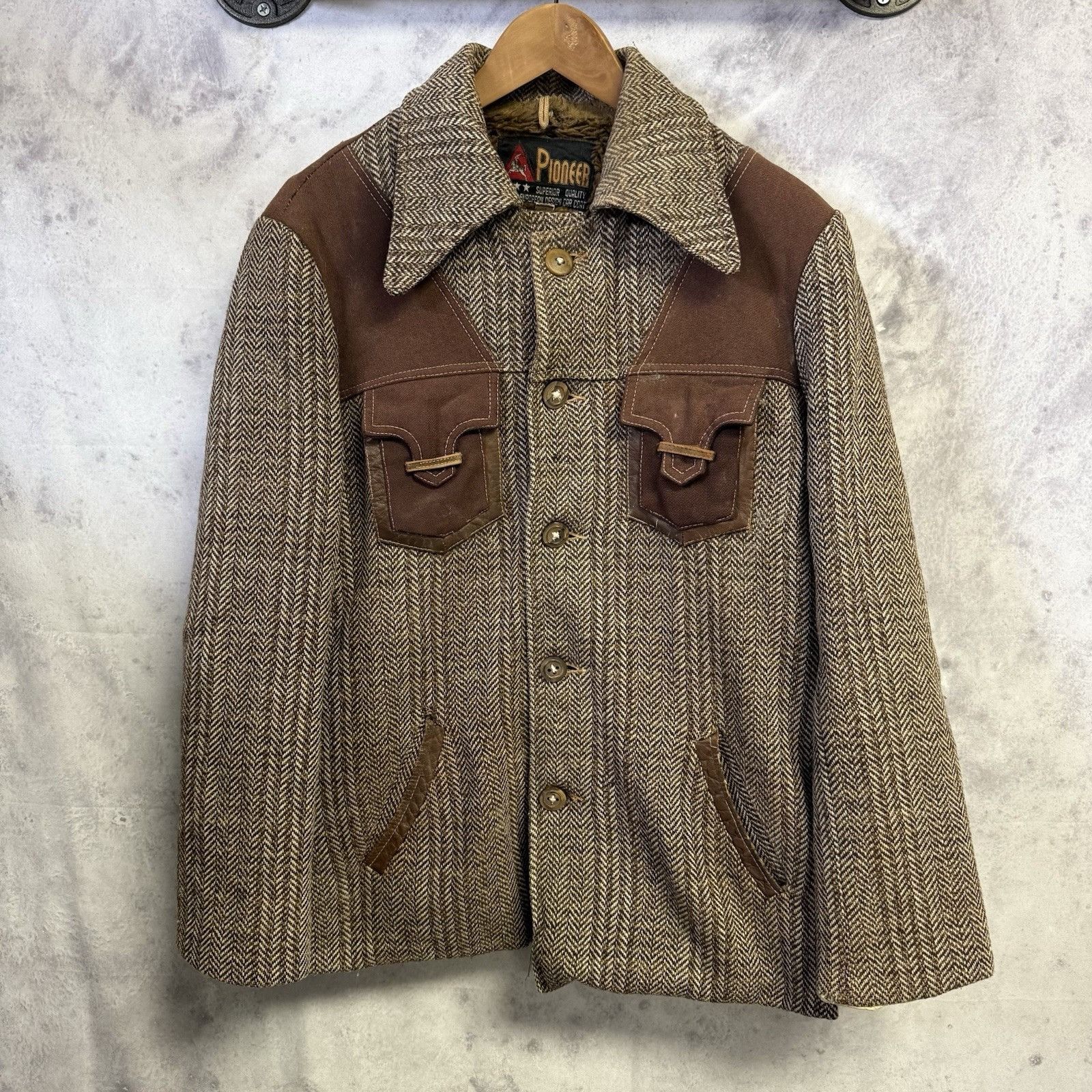 Vintage VTG 70s Pioneer Jacket Western Boho Cowboy Herringbone Wool Size US L / EU 52-54 / 3 - 1 Thumbnail