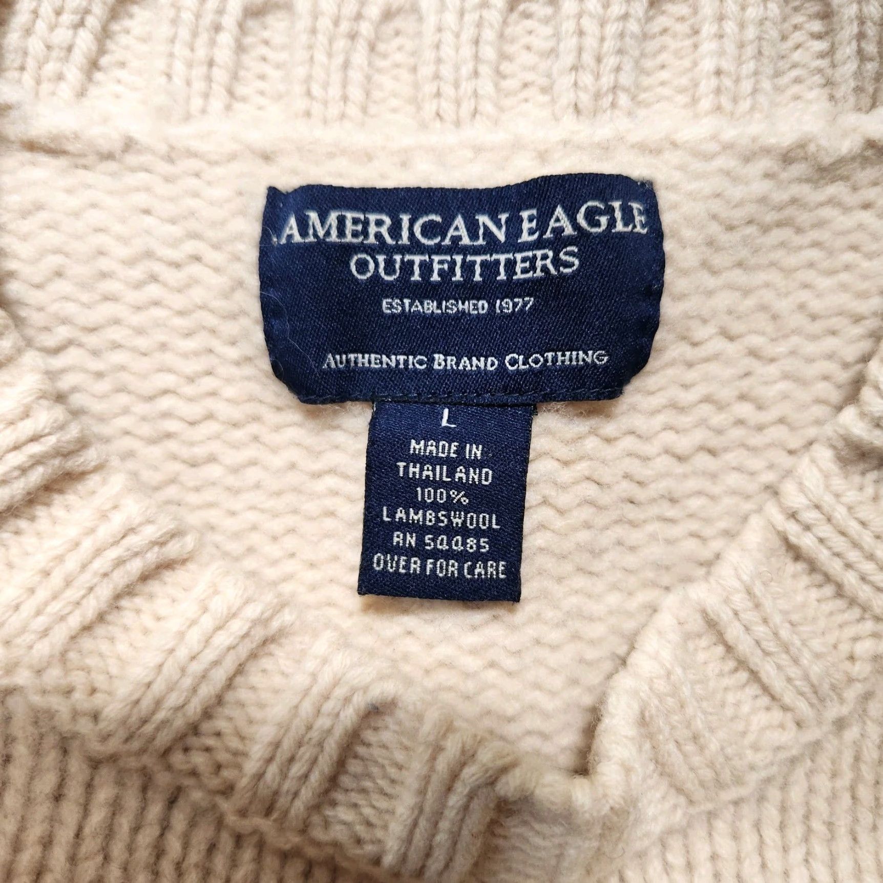 American Eagle Outfitters VINTAGE American Eagle Outfitters Sweater | Pullover Knit Crewneck | Women L | Beige/Navy Lambswool | Striped Chunky-Knit | Casual Fall/Winter Women Size L / US 10 / IT 46 - 5 Thumbnail