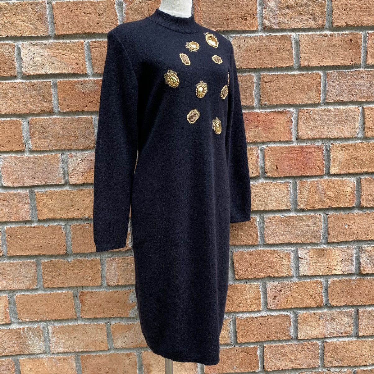 Dior Vintage Christian Dior Black Wool Dress Gold Embellishments Size M / US 6-8 / IT 42-44 - 12 Thumbnail