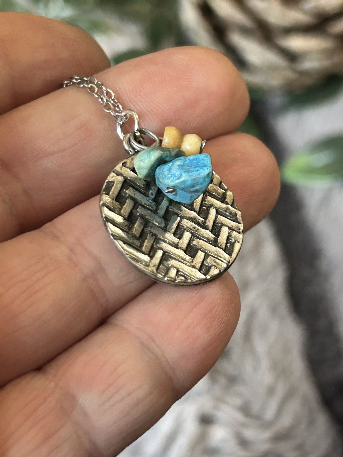 Handmade Handcrafted vintage woven disc stone pendant necklace Size ONE SIZE - 6 Thumbnail