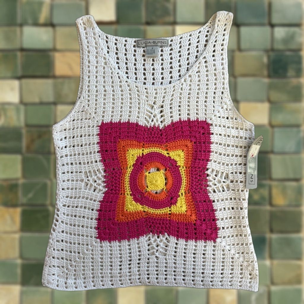 Vintage VINTAGE 90s Lucia Burns Cropped Crochet Tank White Knit Ruffle Sleeveless Regular Women S1S NWT MSRP 10 Tank Accessories: None Size S / US 4 / IT 40 - 1 Thumbnail