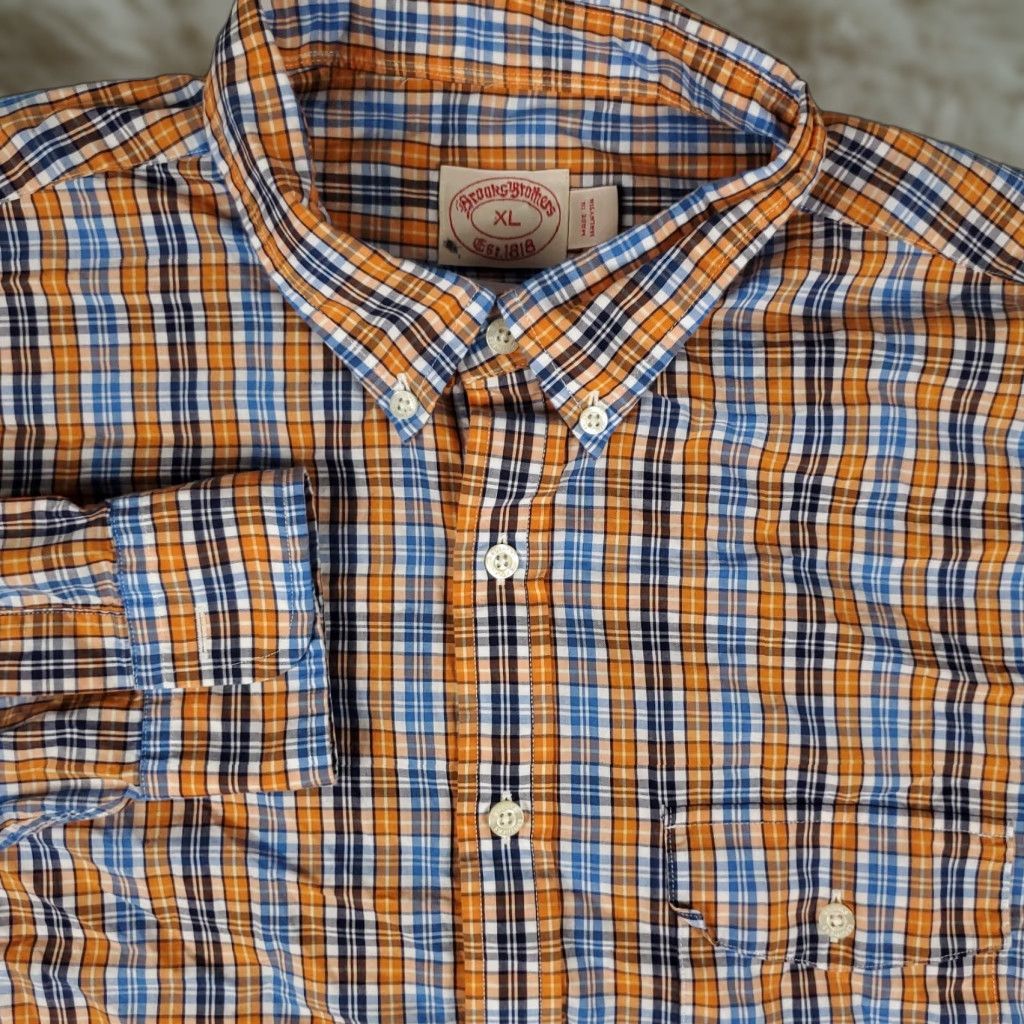 Brooks Brothers Brooks Brothers Button-Up Shirt Mens XL Orange Blue Plaid Long Sleeve Casual Size US XL / EU 56 / 4 - 1 Thumbnail