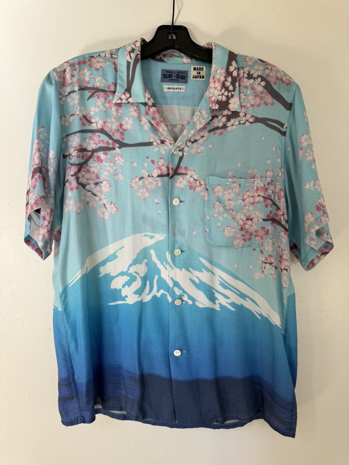 image of Blue Blue Japan Mt Fuji Cherry Blossom Camp Collar Shirt in Blue, Men's (Size Small)