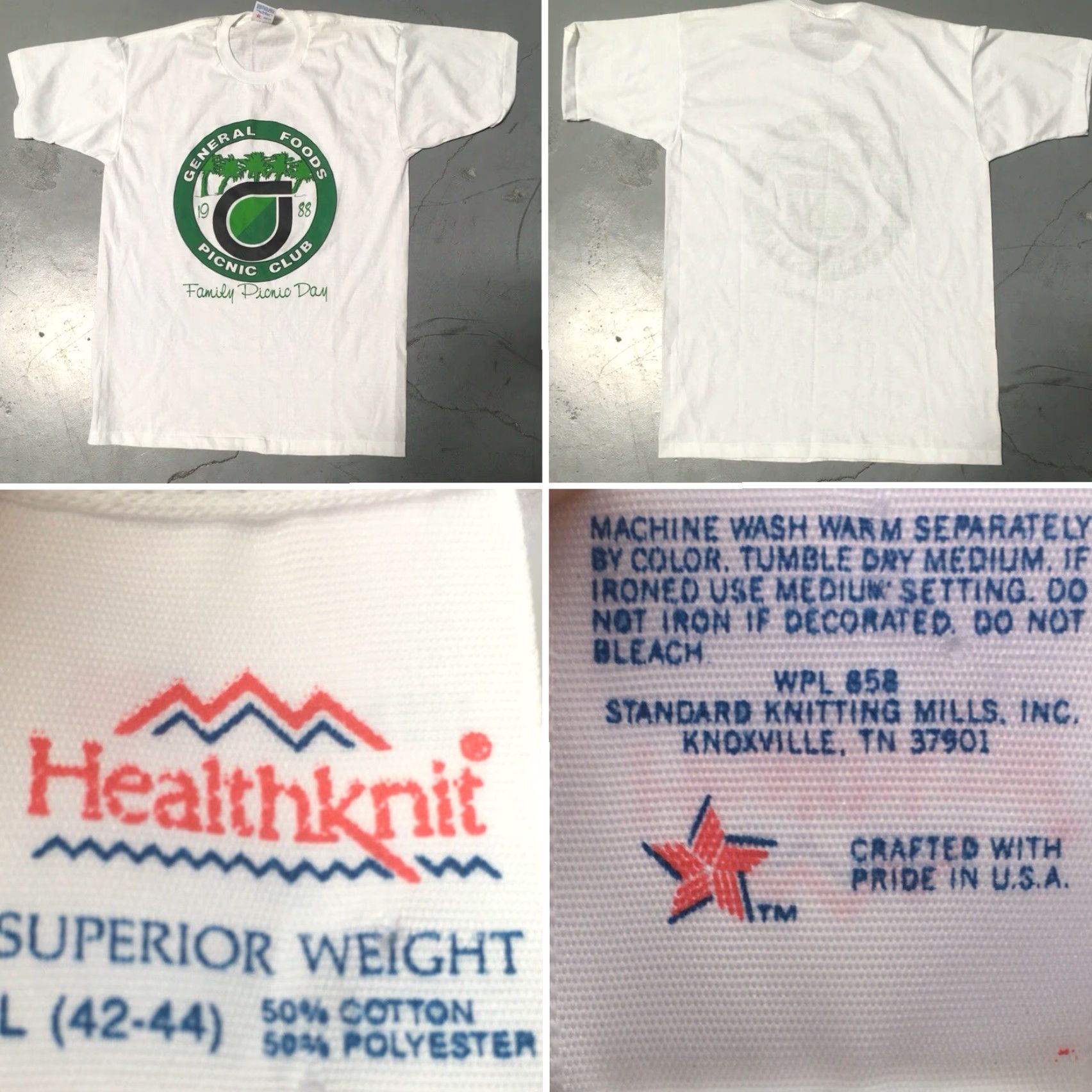 Vintage VINTAGE General Foods Picnic Club Family Picnic Day T-Shirt 1980s 80s Healthknit White L Men Graphic Tee Desert Palm Sportswear/Beach 1980s Mens Size US L / EU 52-54 / 3 - 5 Thumbnail