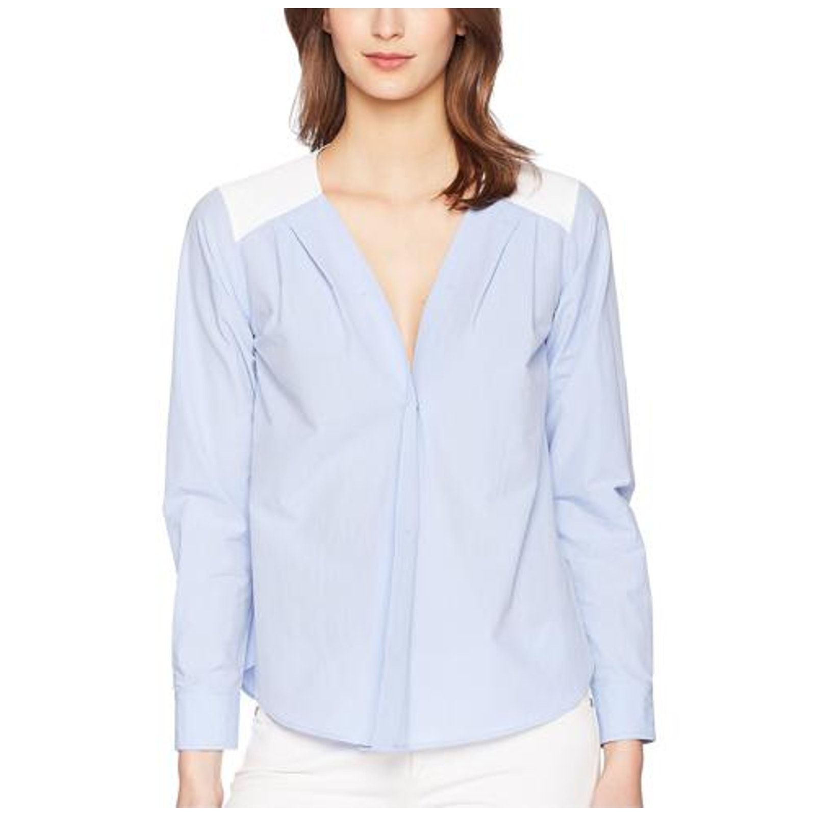 image of Jil Sander Color Blocked Long Slv Cotton Blouse Blue Size 10, Women's