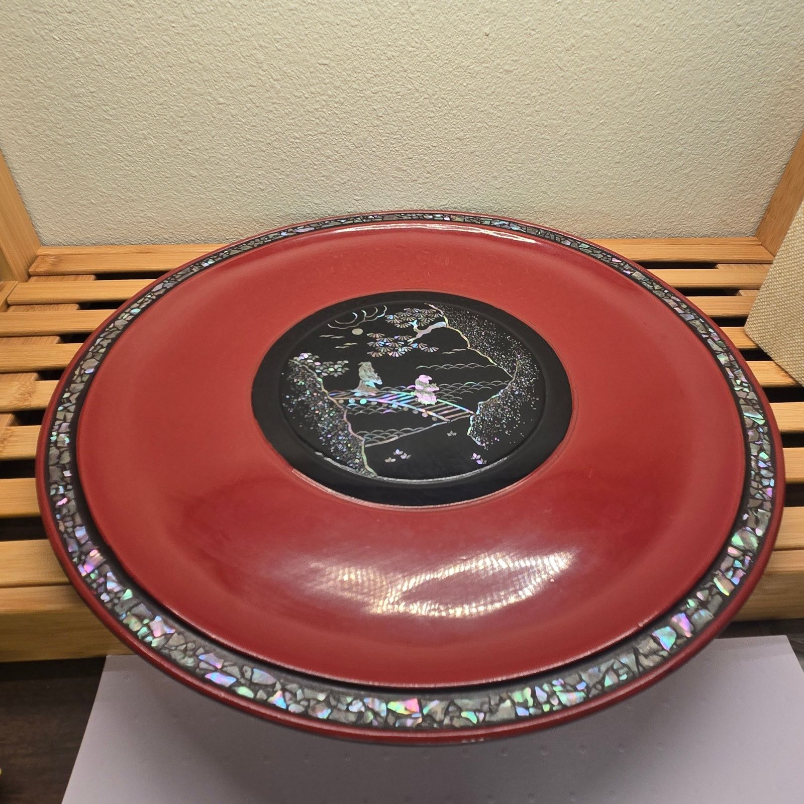 Vintage Antique Japanese Ryukyuan Lacquerware Plate Mother of Pearl Size 26 - 11 Thumbnail