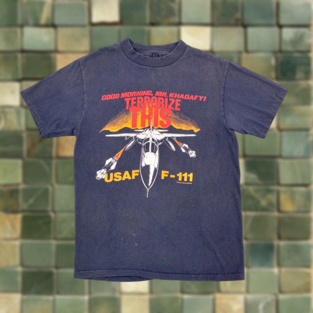 Hanes VTG 80s USAF F-111 Aardvark TShirt Khadafy 1980s Blue Hanes Cotton Graphic Tee Mens S/M Size Small Vintage TShirt Size US S / EU 44-46 / 1 - 1 Thumbnail