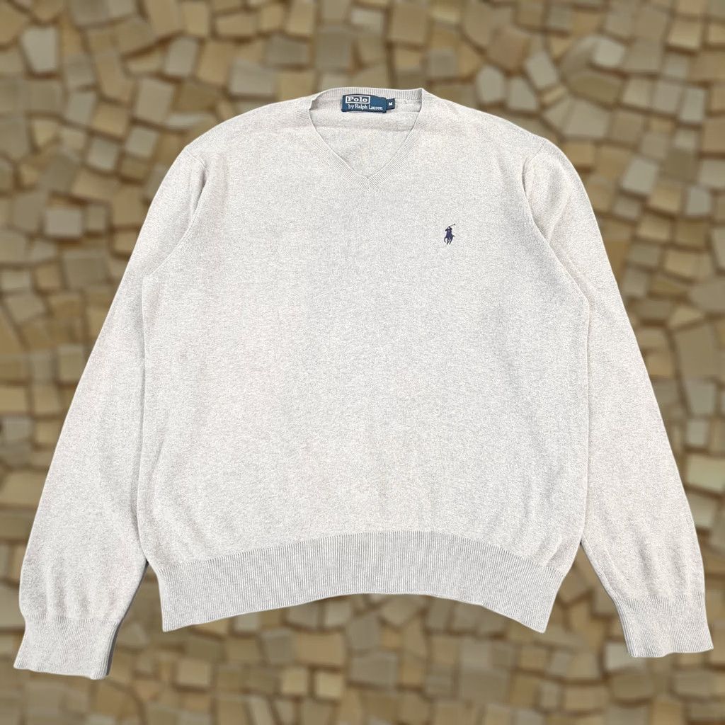 Polo Ralph Lauren VINTAGE Polo Ralph Lauren Mens Jumper Grey Medium 100% Cotton V Neck Knit Pullover Size US M / EU 48-50 / 2 - 1 Thumbnail