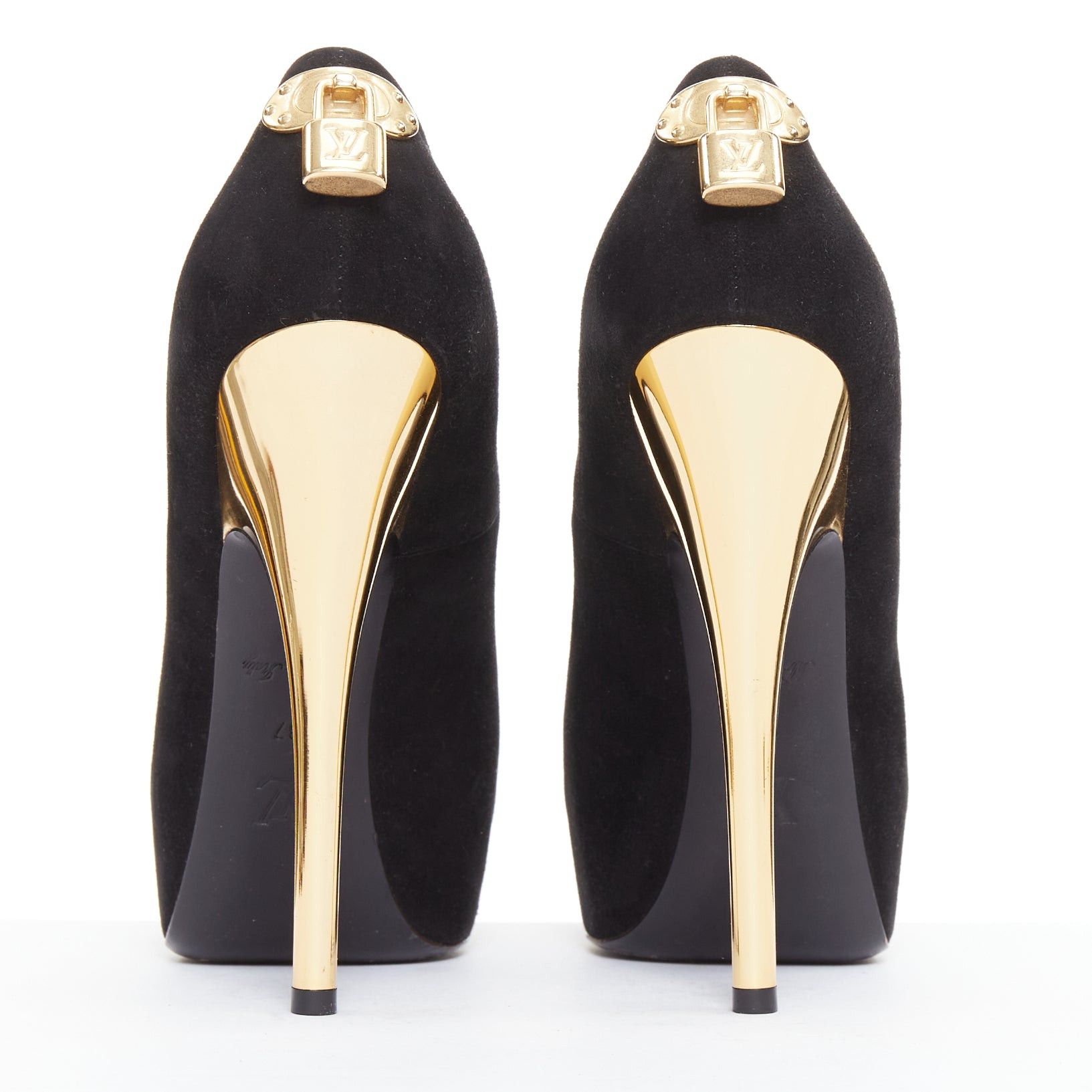 Louis Vuitton LOUIS VUITTON Oh Really black suede gold LV lock sky high pumps EU37 Size US 7 / IT 37 - 1 Thumbnail